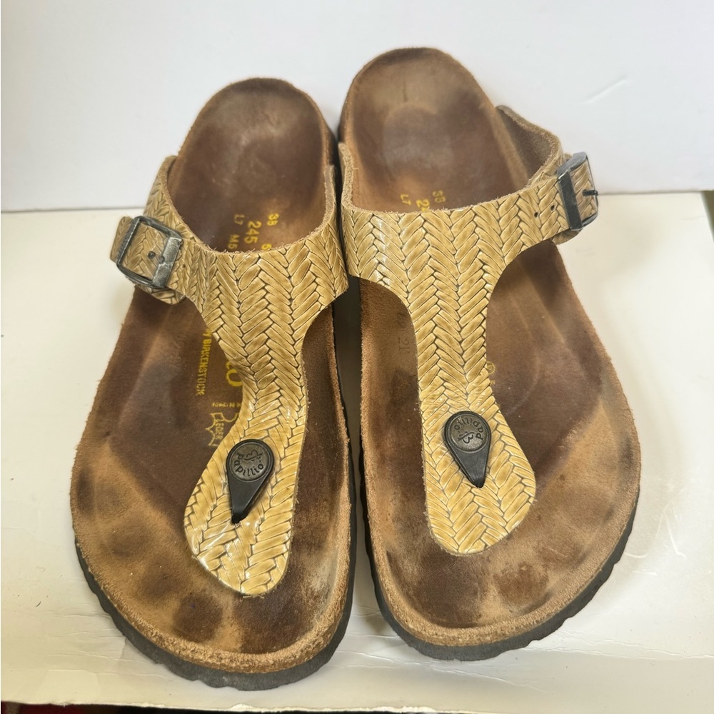 Birkenstock Pappilio Gizeh Thong Sandal Woven Leather Buckle Tan EVACork Birko 7